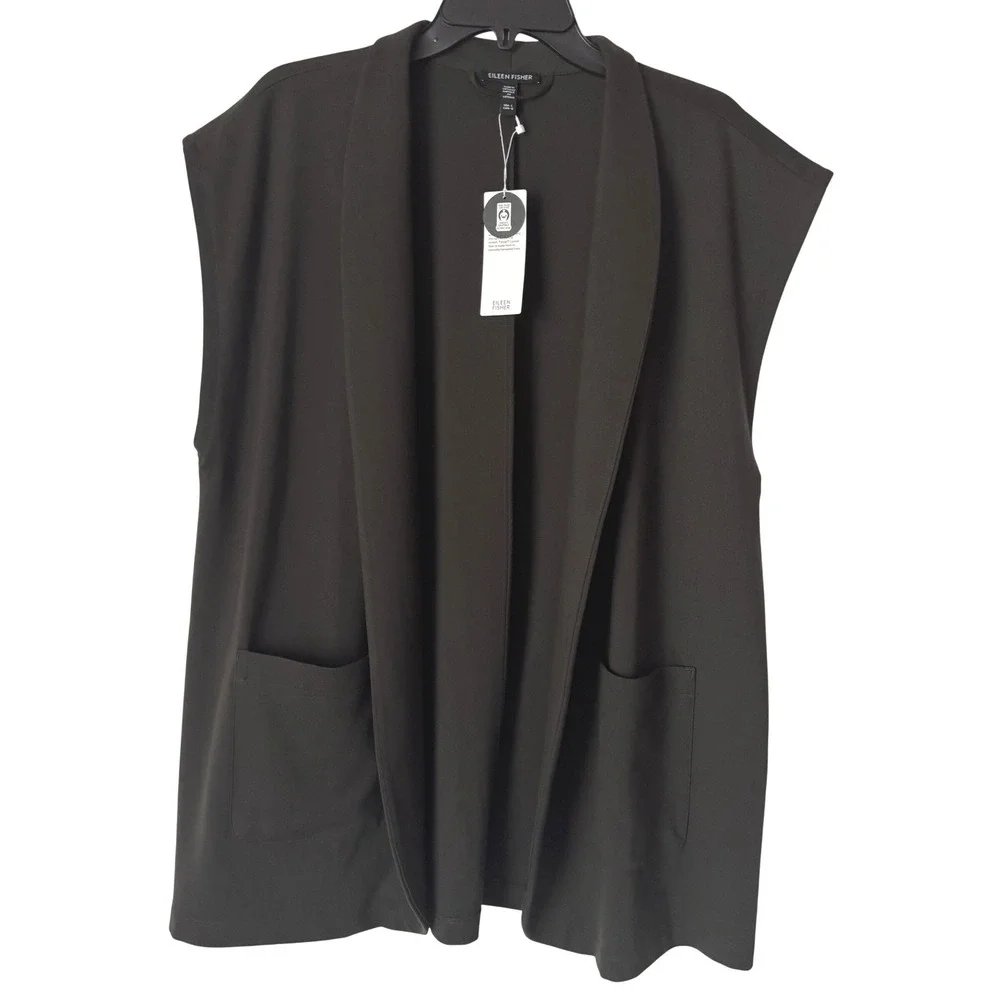 Eileen Fisher High Collar Long Vest Women L Woodland Green Quiet Luxury
